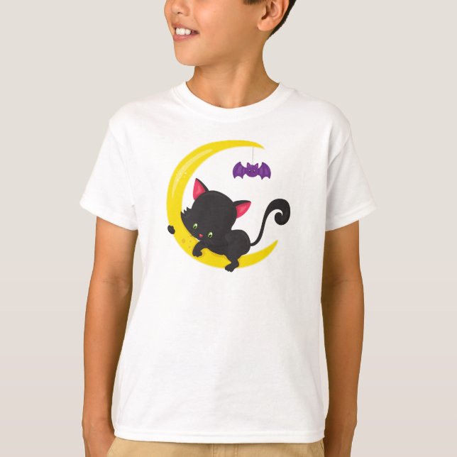 Halloween Cat, Cute Cat, Black Cat, Moon, Bat T-Shirt (Front)