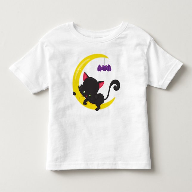 Halloween Cat, Cute Cat, Black Cat, Moon, Bat Toddler T-Shirt (Front)