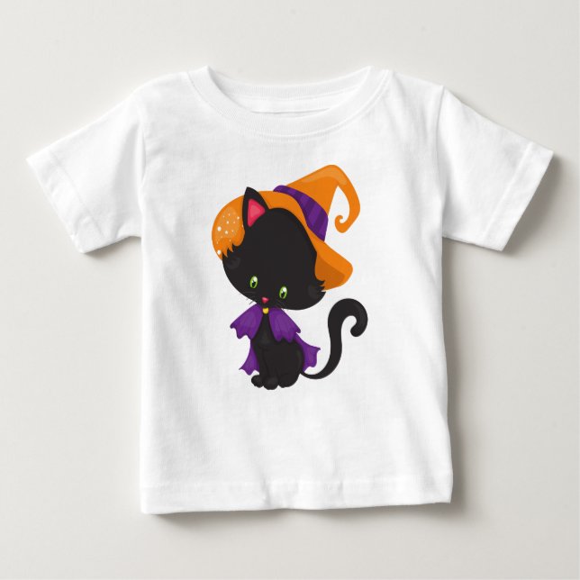 Halloween Cat, Cute Cat, Black Cat, Witch Hat Baby T-Shirt (Front)