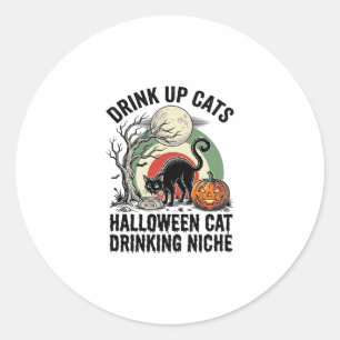 Halloween Cat Drinking Vintage Moon Party Shirt_1 Classic Round Sticker