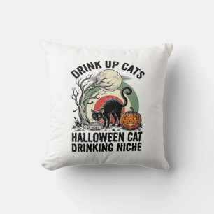 Halloween Cat Drinking Vintage Moon Party Shirt_1 Cushion