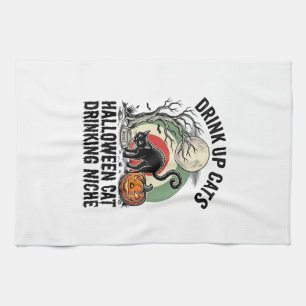 Halloween Cat Drinking Vintage Moon Party Shirt_1 Tea Towel