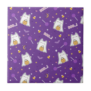 Halloween Cat Ghost Ceramic Tile