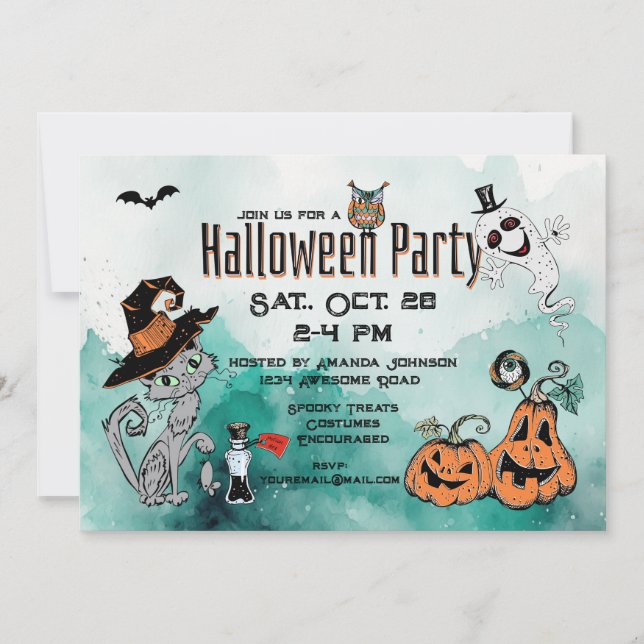 Halloween Cat & Ghost Doodle Invitation (Front)