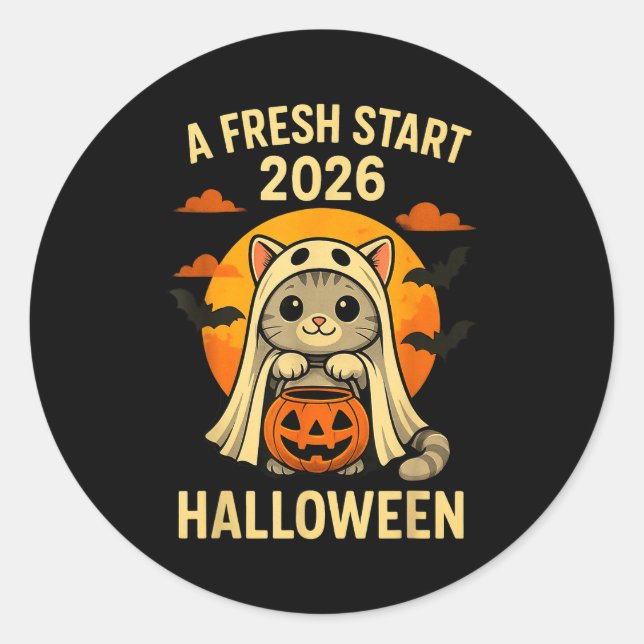 Halloween Cat Ghost Graphic - Fresh Start 2026  Classic Round Sticker (Front)