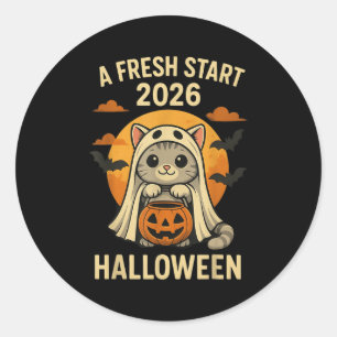 Halloween Cat Ghost Graphic - Fresh Start 2026 Classic Round Sticker