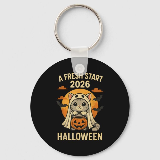 Halloween Cat Ghost Graphic - Fresh Start 2026  Key Ring (Front)