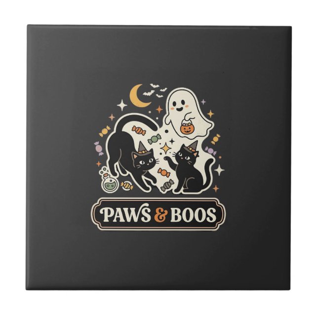 Halloween Cat Ghost Magic Ceramic Tile (Front)