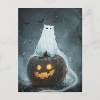 Halloween Cat Ghost on Jack O Lantern Postcard