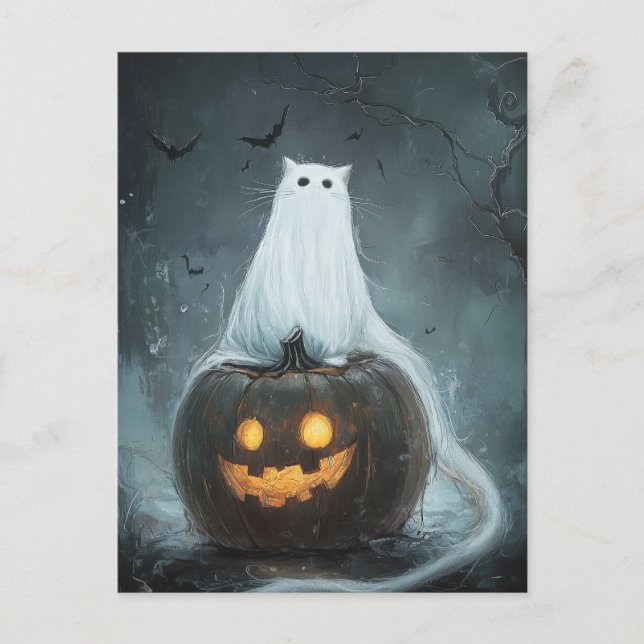Halloween Cat Ghost on Jack O Lantern Postcard (Front)
