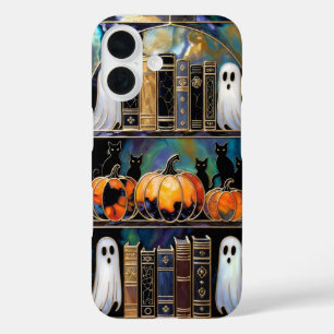 Halloween Cat Ghost Phone Case Bookshelf Pumpkin