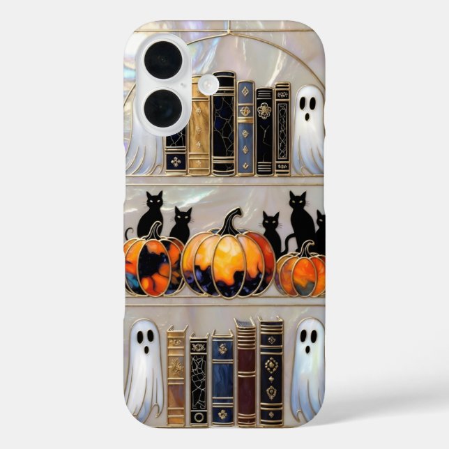Halloween Cat Ghost Phone Case Pumpkin Bookshelf (Back)