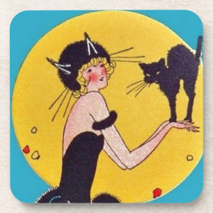 Halloween Cat Girl and Black Cat Coaster