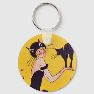 Halloween Cat Girl and Black Cat Key Ring