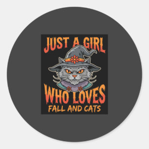 Halloween Cat Girl Witch Hat Fall Design Classic Round Sticker