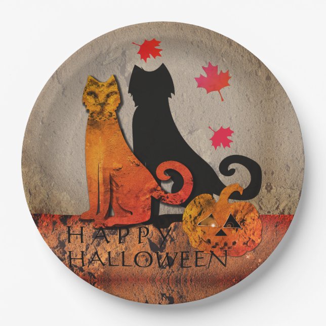 Halloween Cat Greeting Paper Plate (Front)