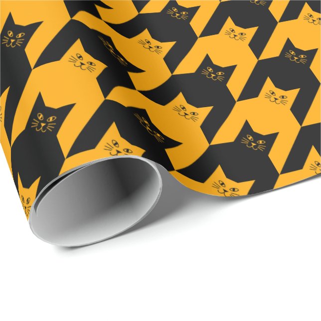 Halloween Cat Houndstooth Black and Orange Wrapping Paper (Roll Corner)