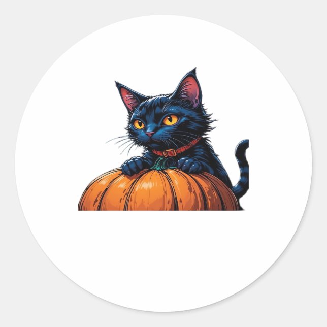Halloween Cat in Enchanted Pumpkin Patch Classic T Round Sticker (Front)