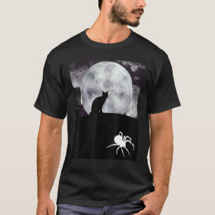Halloween Cat In Front Of Dark Moon While Spider L T-Shirt