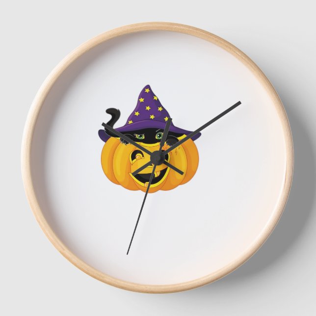 Halloween Cat in Pumpkin – Cute Black Kitten Stick Clock (Front)