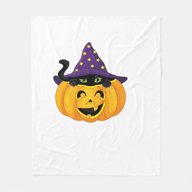 Halloween Cat in Pumpkin – Cute Black Kitten Stick Fleece Blanket (Front)
