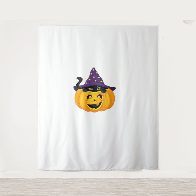 Halloween Cat in Pumpkin – Cute Black Kitten Stick Tapestry (Front)
