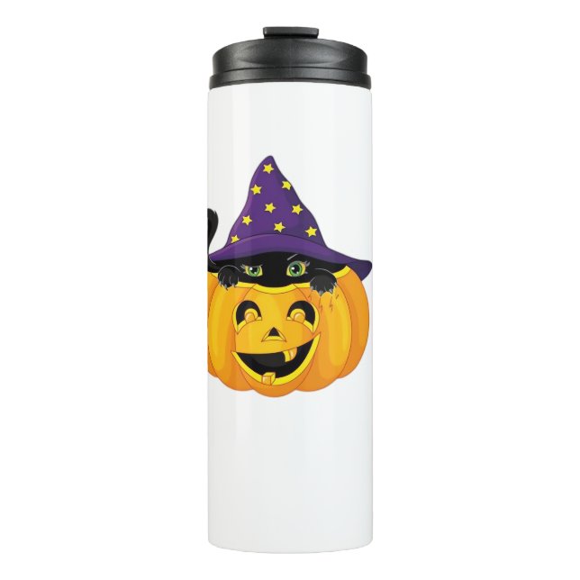 Halloween Cat in Pumpkin – Cute Black Kitten Stick Thermal Tumbler (Front)