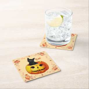 Halloween Cat in Pumpkin Pillow Square Paper Coaster