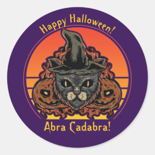 Halloween Cat in Witch Hat Abra Cadabra Vintage Classic Round Sticker