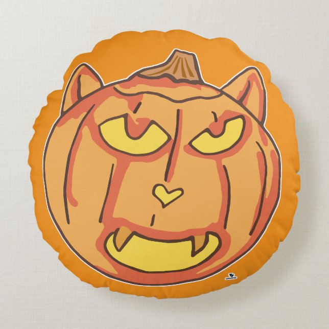 Halloween Cat Jack-o-Lantern Cartoon Fun Design Round Cushion (Front)