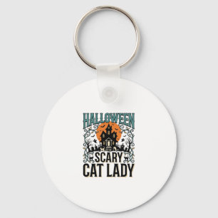 Halloween Cat Lady Scary Haunted House Vintage_1 Key Ring
