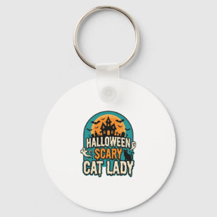 Halloween Cat Lady Scary Vintage Haunted House_1 Key Ring