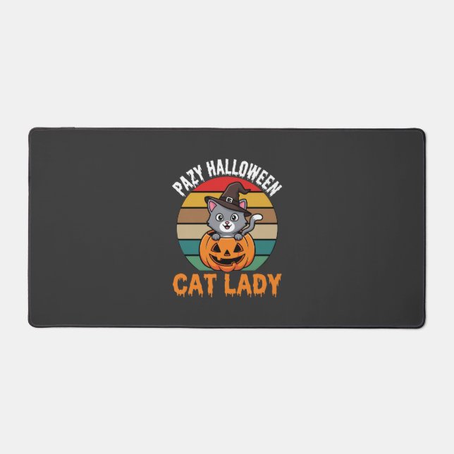 Halloween Cat Lady Witch Pumpkin Retro Design Desk Mat (Front)