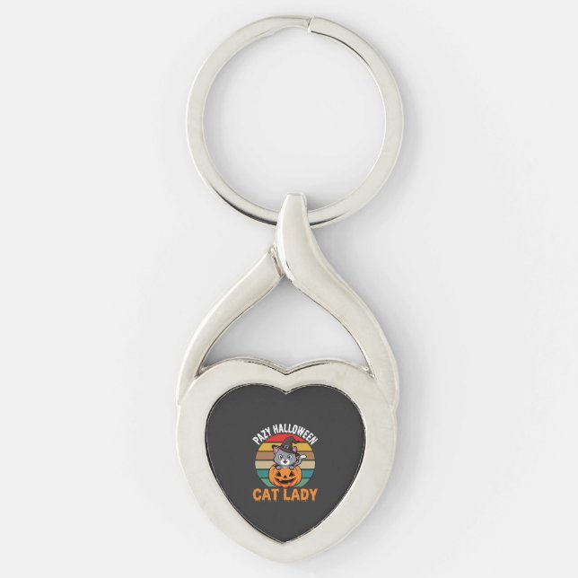Halloween Cat Lady Witch Pumpkin Retro Design Key Ring (Front)