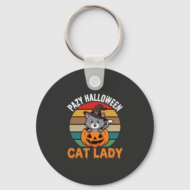 Halloween Cat Lady Witch Pumpkin Retro Design Key Ring (Front)