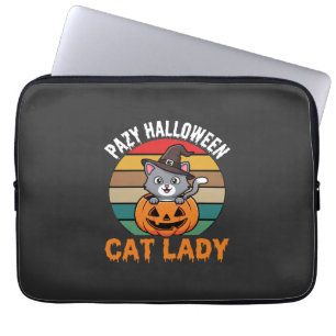 Halloween Cat Lady Witch Pumpkin Retro Design Laptop Sleeve