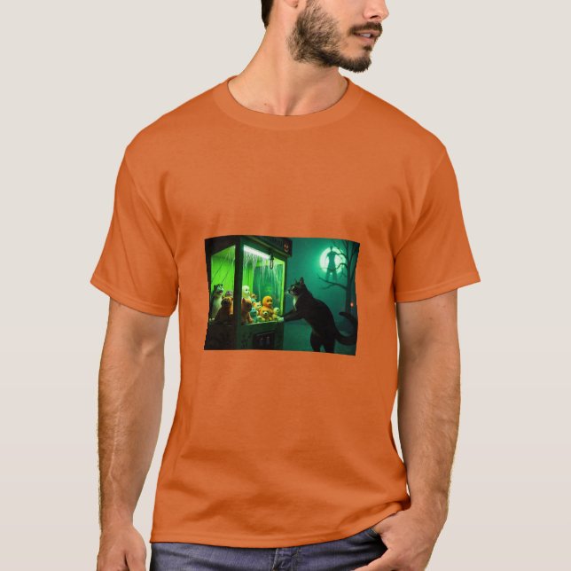 Halloween cat looking at claw machine t-shirt (Front)