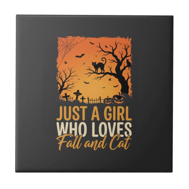 Halloween Cat Lover Fall Sunset Graphic Ceramic Tile (Front)