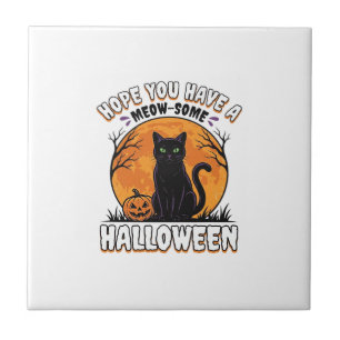 Halloween Cat Meow-Some Vintage Engraving Design_1 Ceramic Tile