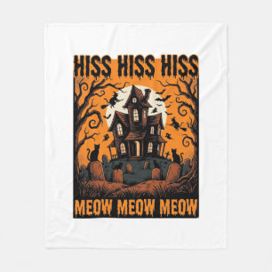 Halloween Cat Meow Spooky Vintage Witch House Fleece Blanket