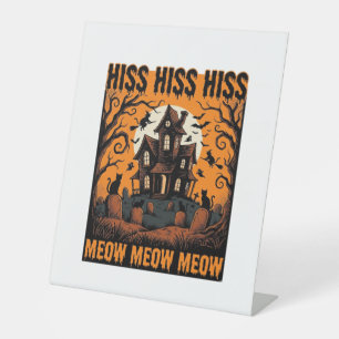 Halloween Cat Meow Spooky Vintage Witch House Pedestal Sign