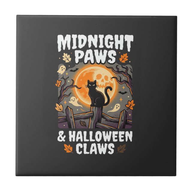 Halloween Cat Moon Mischief Ceramic Tile (Front)