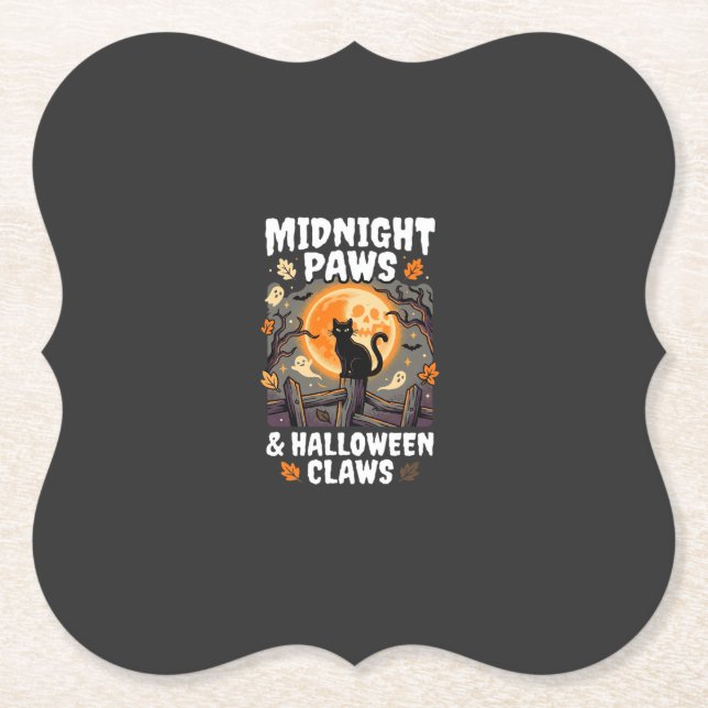 Halloween Cat Moon Mischief Paper Coaster (Front)