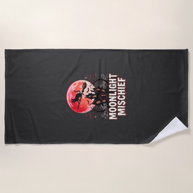 Halloween Cat Moonlight Mischief Beach Towel (Front)