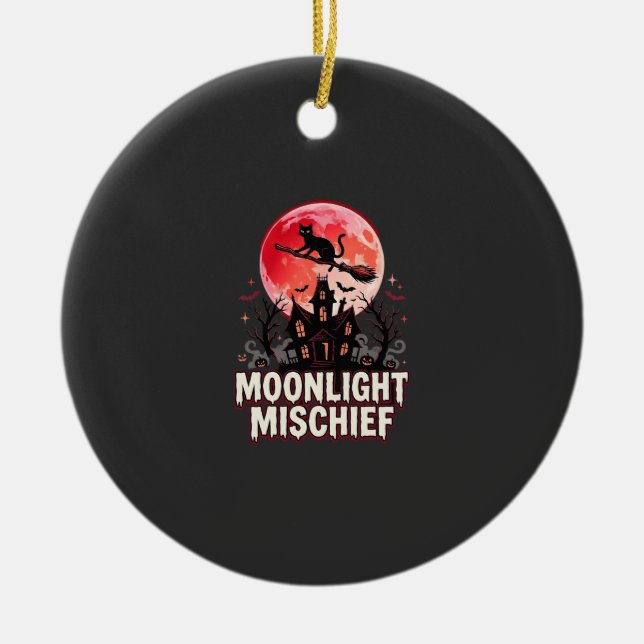 Halloween Cat Moonlight Mischief Ceramic Ornament (Front)