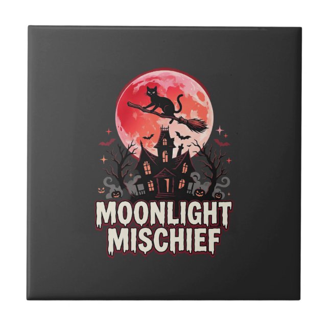 Halloween Cat Moonlight Mischief Ceramic Tile (Front)