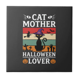 Halloween Cat Mother Lover Retro Witch Design Ceramic Tile