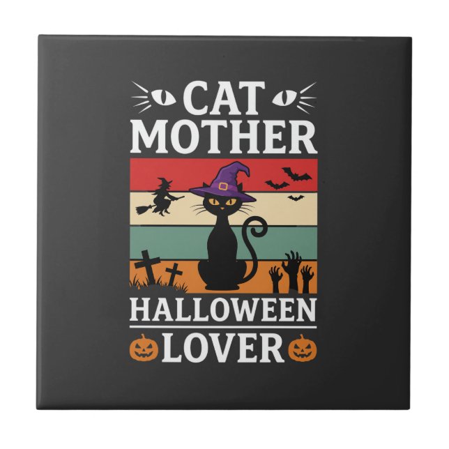 Halloween Cat Mother Lover Retro Witch Design Ceramic Tile (Front)