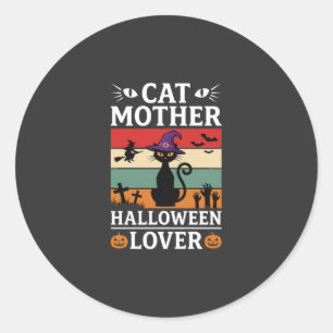 Halloween Cat Mother Lover Retro Witch Design Classic Round Sticker