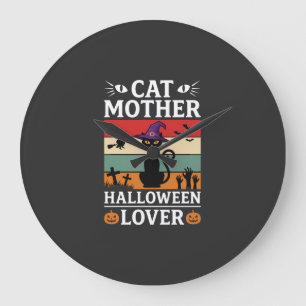 Halloween Cat Mother Lover Retro Witch Design Large Clock